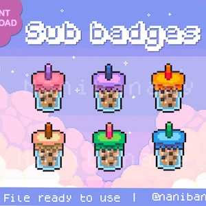 Może przedstawiać: Odznaki subskrypcji w stylu pixel art z sześcioma kolorowymi wzorami bubble tea. Każda odznaka przedstawia inny kolor pokrywki i słomki, z przezroczystym kubkiem wypełnionym boba. Tekst "Sub badges" jest wyświetlany u góry.