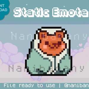 May include: A pixel art emote of a brown bear wearing a blue and white hooded jacket. The bear has a pink nose and cheeks. The background is a light blue with white clouds.