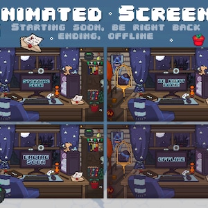 Puede incluir: Cuatro pantallas animadas que muestran una ilustración pixelada de un escritorio de jugador con una computadora, una silla y varias decoraciones. Las pantallas muestran diferentes mensajes: "Starting Soon", "Be Right Back", "Ending Soon", y "Offline".