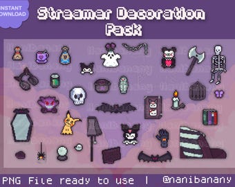 Pacote de Decoração Pixel Stream: Mesa Gamer Kawaii Gothic (40 PNGs)