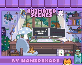 4 x Pixel BLUE Fairy Cottagecore Animated Scenes – Configuração de mesa aconchegante para streamers | Telas de "Começando em breve", "Já volto", "Finalizando" e "Offline"