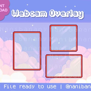 May include: A pixel art webcam overlay with a light blue background and white clouds. The overlay has three rectangular frames with orange borders. The text "Webcam Overlay" is at the top of the image.