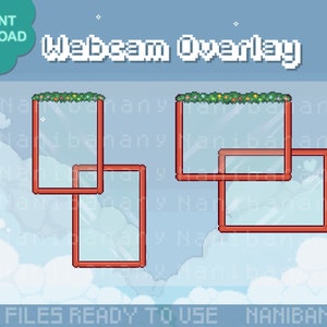 May include: Webcam overlay with a pixelated design featuring two red frames with a green garland on top. The frames are set against a blue sky with white clouds.