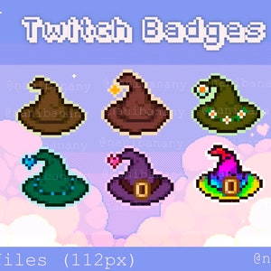 Puede incluir: Seis insignias de Twitch de sombrero de bruja en pixel art en varios colores y diseños. Las insignias tienen 112 píxeles de tamaño y están disponibles para descarga instantánea.