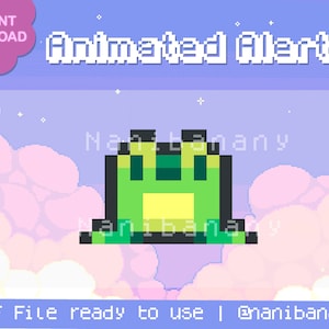 May include: Animated alert GIF featuring a green pixelated frog with a yellow belly, set against a pink and purple cloudy background with stars. The text "Animated Alert" is at the top of the image, and the text "GIF File ready to use | @nanibanany" is at the bottom.