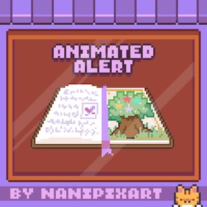 Könnte beinhalten: Pixel-Art-Bild mit einem Buch mit dem Text "ANIMATED ALERT". Das offene Buch zeigt eine Baumszene auf der rechten Seite und eine Seite mit Symbolen auf der linken Seite. Ein lila Band markiert die Seite. Der Text "BY NANIPixART" steht unten.