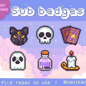 May include: A set of six pixel art style sub badges featuring a black cat with a crescent moon, a skull, two tarot cards, a ghost, a potion bottle, and a candle on a candlestick. The badges are on a pastel pink and blue background with white clouds.