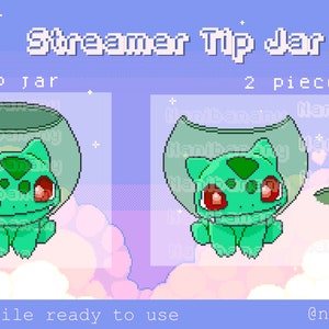 May include: Pixel art of a green creature with red eyes inside a clear jar. The jar is labeled "Tip Jar". The image is labeled "Streamer Tip Jar" and "2 pieces".