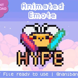 May include: Animated GIF of a pixelated bee with a yellow body and black wings. The bee is wearing a white hat and holding a rainbow-colored sword. The bee is flying in front of a pink and blue background with clouds and the word "HYPE" in black letters.