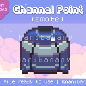 May include: Pixel art emote of a blue and grey character with the text "Channel Point (Emote)" above it.