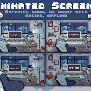 Puede incluir: Cuatro pantallas animadas que muestran una escena invernal con un escritorio, una computadora y un muñeco de nieve. Las pantallas muestran el texto "Starting Soon...", "Be Right Back...", "Ending Soon..." y "OFFLINE".