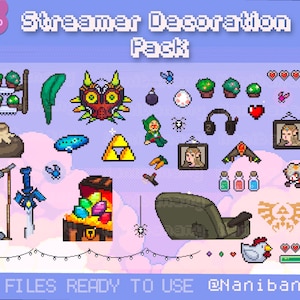 Könnte beinhalten: Ein Set mit 28 Pixel-Art-Bildern mit Charakteren und Objekten aus der Videospielserie The Legend of Zelda. Die Bilder sind in verschiedenen Farben gehalten, darunter Grün, Blau, Rot und Gelb. Die Bilder eignen sich perfekt als Twitch-Overlays, Stream-Dekorationen oder Social-Media-Grafiken.