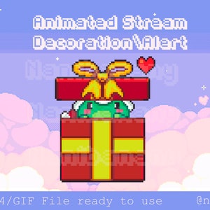 May include: Animated stream alert decoration featuring a green frog peeking out of a red and yellow gift box with a yellow bow. The background is a pastel blue with pink clouds.