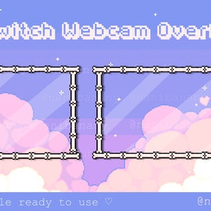 May include: A pixel art Twitch webcam overlay with two white frames on a pastel pink and purple background with white clouds and stars. The text "Twitch Webcam Overlay" is at the top of the image.