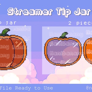 May include: Two pixel art pumpkin tip jars, one orange and one with a translucent purple interior. The text "Streamer Tip Jar" and "Tip Jar" are at the top of the image. The text "2 pieces" is in the center of the image. The text "PNG File Ready to Use" is at the bottom of the image. The text "@nanibanany" is at the bottom right of the image.
