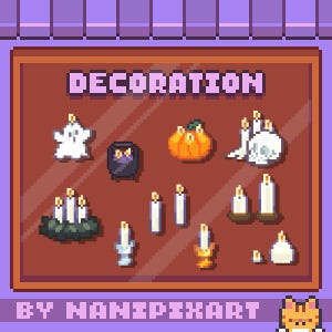 May include: A pixel art collection labeled DECORATION featuring a white ghost, a black cauldron, an orange pumpkin, a skull with candles, and various white candles in holders. The bottom text reads BY NANIPIXART in a purple and orange frame.