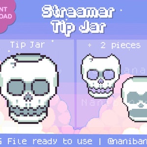 May include: Two pixel art skull tip jars in a pastel pink and blue background. The text "Streamer Tip Jar" is at the top of the image. The text "Tip Jar" is below the first skull. The text "2 pieces" is below the second skull. The text "PNG File ready to use | @nanibanany" is at the bottom of the image.