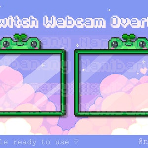 May include: A Twitch webcam overlay with a green frog design. The overlay has a pink and purple background with clouds and stars. The text "Twitch Webcam Overlay" is at the top of the overlay.
