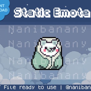May include: Animated GIF of a white, cartoon animal wearing a light blue hooded robe. The animal has pink cheeks and a white face with black eyes. The text "Static Emote" is above the animal and the text "Nanibanany" is repeated four times around the animal.