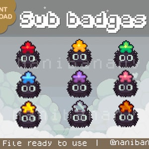 Puede incluir: Nueve insignias de pixel art que presentan una criatura peluda en blanco y negro con sombreros en forma de estrella de diferentes colores. Los sombreros son rojo, amarillo, verde, azul, morado, rosa, dorado, plateado y naranja.