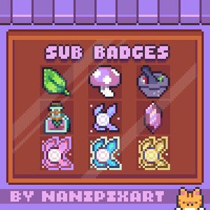 Puede incluir: Gráfico de pixel art que presenta nueve "SUB BADGES" con varios diseños, incluyendo una hoja, una seta, una poción y un cristal. El texto "SUB BADGES" se muestra en la parte superior, con "BY NANIPixART" en la parte inferior, todo en estilo pixelado.