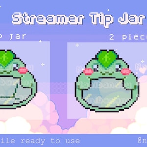 Può includere: Arte pixelato di una rana verde con una foglia a forma di cuore sulla testa. La rana tiene un barattolo con una finestra trasparente. L'immagine è etichettata "Streamer Tip Jar" e "2 pezzi".
