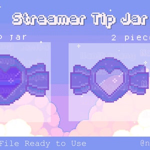 Puede incluir: Dos tarros de propinas de streamer de pixel art morado en forma de caramelo con un corazón en el centro. El texto "Streamer Tip Jar" y "Tip Jar" están en la parte superior de la imagen. El texto "2 piezas" está en el medio de la imagen. El texto "PNG File Ready to Use" está en la parte inferior de la imagen. El texto "@nanibanany" está en la parte inferior derecha de la imagen.