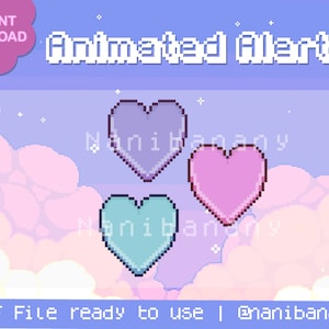 Pode incluir: GIF de alerta animado com três corações pixelados em rosa, roxo e azul sobre um fundo pastel com nuvens e estrelas. O texto "Animated Alert" está na parte superior da imagem. O texto "GIF File ready to use | @nanibanany" está na parte inferior da imagem.