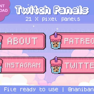 May include: Four pink Twitch panels with pixel art bubble tea graphics. The panels are labeled "About", "Patreon", "Instagram", and "Twitter".
