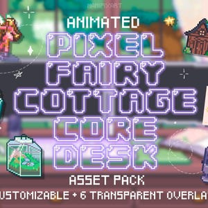 Peut inclure: Image numérique en pixel art avec une fée, un cottage, des flacons de potion et un terrarium. Le texte "PIXEL FAIRY COTTAGE CORE DESK ASSET PACK" est mis en évidence. On peut également lire "CUSTOMIZABLE + 6 TRANSPARENT OVERLAYS".