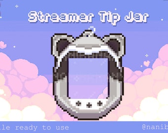 May include: A pixel art illustration of a raccoon-themed tip jar with a customizable frame. The jar is against a background of pink and white clouds with a light blue sky. The text "Streamer Tip Jar" is at the top of the image.