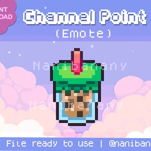 May include: A pixel art illustration of a green and brown boba tea drink with a red straw. The background is a light purple and pink gradient with white clouds. The text "Channel Point (Emote)" is at the top of the image.