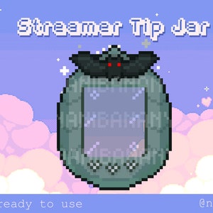 May include: A pixel art illustration of a gray tip jar with a bat on top. The jar has a transparent window and the text "Streamer Tip Jar" is written above it. The background is a light blue with pink clouds.