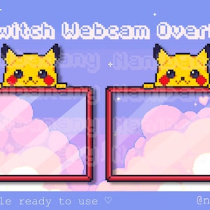 Może przedstawiać: Nakładka na kamerę internetową Twitch z pikselowanym Pikachu, które zagląda zza czerwonej ramki na tle różowo-niebieskich chmur. Na górze obrazu widnieje tekst "Twitch Webcam Overlay".