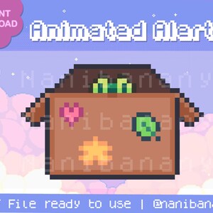 May include: Animated alert GIF featuring a brown box with a green frog peeking out of the top. The box has a heart, leaf, and star on it. The background is a light blue and pink gradient with white clouds.