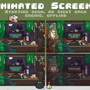 4 x Pixel Animated Scenes Screens Magic Witch Wizard Green Snake Setup Cozy Gamer Streamer| Starting Soon | Be Right Back | Ending | Offline