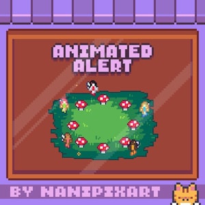 Könnte beinhalten: Pixelkunst-Grafik mit dem Text "ANIMATED ALERT" über einem grünen Feld mit rot gekappten Pilzen und kleinen Figuren. Der Text "BY NANIPixART" befindet sich unter dem Bild, mit einer Cartoon-Katze in der unteren rechten Ecke.