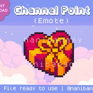 May include: Pixelated heart-shaped gift box in shades of red, orange, and yellow, with a large bow. The image includes the text "Channel Point (Emote)" and "Instant Download". The background is a soft blue with clouds.