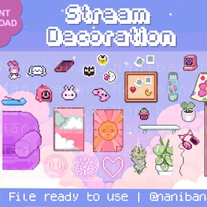 25+ PNGs Pixel Stream Decoration Bundle Pack - Pixel Kawaii Pastel Pink Desk Items 25+ PNG Images Ready to Use