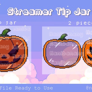 Könnte beinhalten: Zwei Pixel-Art-Kürbis-Tipp-Gläser, eines mit einem gruseligen Gesicht und das andere mit einem transparenten Gesicht. Der Text "Streamer Tip Jar" und "2 pieces" ist im Bild sichtbar.