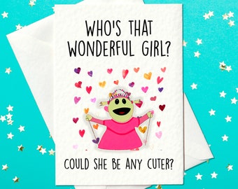 Adorable Mona Greeting Card - Cute & Playful Nanalan' Themed Birthday Card for Girls "Who's that wonderful girl? Could She Be Any Cuter"(A6)