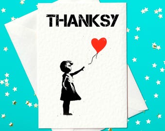 Funny Banksy-Inspired Thank You Card – Thanksy Urban Art Style Pun Card | Graffiti Street Art Design | Blank Inside with Envelope