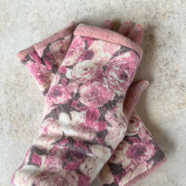 Cashmere Fingerless Gloves - from Recycled Sweaters - Roses w/ Pink Lining - for Driving - for Texting - for Her - Repurposed Sweaters