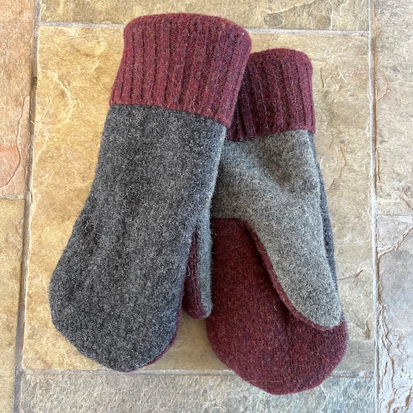 Men's Sweater Mittens - Large - from Recycled Sweaters - Wool - Black, Gray and Red - Gloves - Upcycled Sweaters - Warm - Fleece-lined