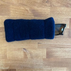 May include: A navy blue felt sunglasses case with a pair of sunglasses partially inserted. The case is rectangular with a padded appearance. The sunglasses have a black frame and tinted lenses.