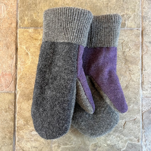 Men's Sweater Mittens - Large - from Recycled Sweaters - Wool - Black, Gray and Purple - Gloves - Upcycled Sweaters - Warm - Fleece-lined