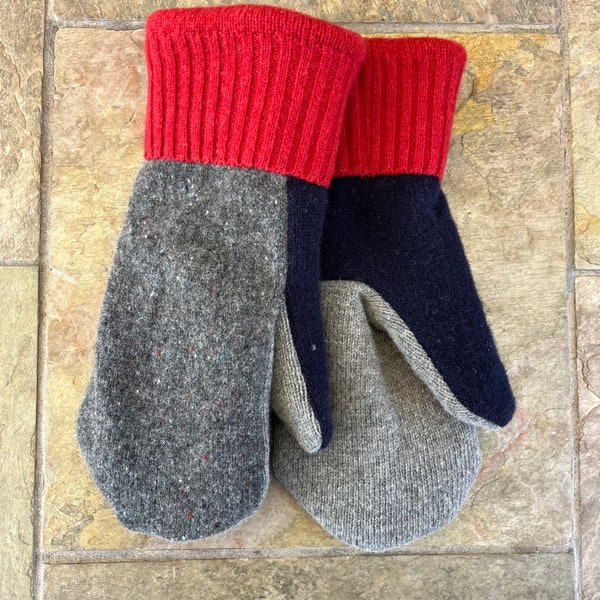 Men's Sweater Mittens - Large - from Recycled Sweaters - Wool Blend - Gray, Navy & Red - Gloves - Upcycled Sweaters - Warm - Fleece-lined
