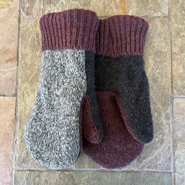 Men's Sweater Mittens - Large - from Recycled Sweaters - Wool Blend - Gray, Wine, & Black - Gloves - Upcycled Sweaters - Warm - Fleece-lined