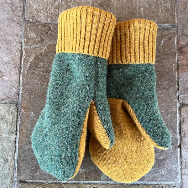 Men's Sweater Mittens - Large - from Recycled Sweaters - Wool Blend - Green and Gold - Gloves - Upcycled Sweaters - Warm - Fleece-lined