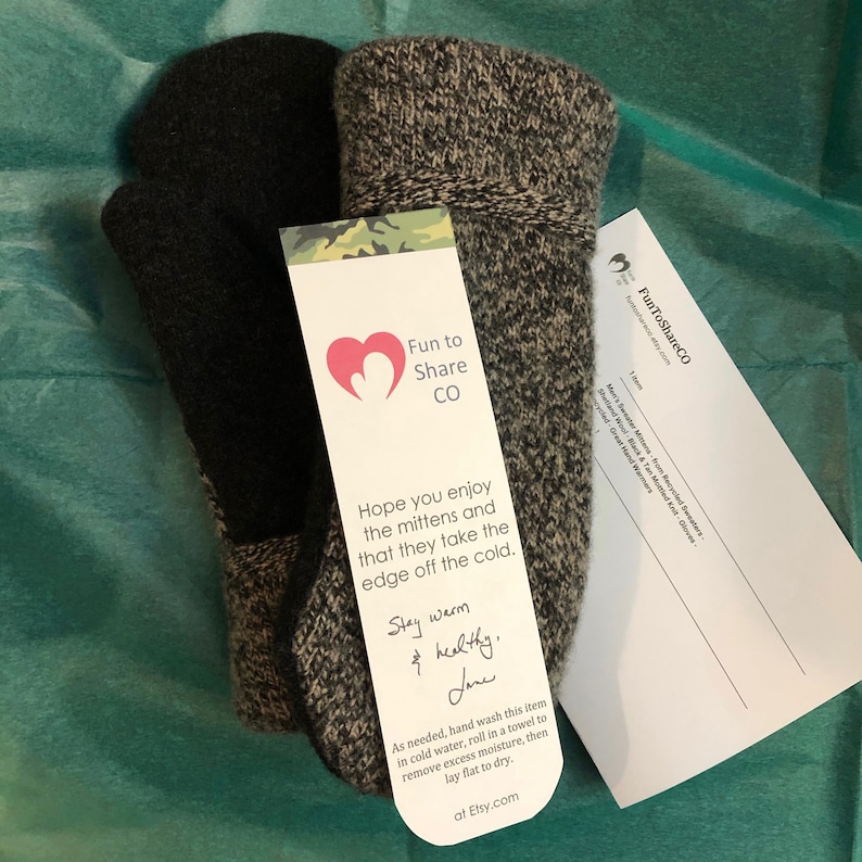from Recycled Sweaters Wool Upcycled Sweaters Black 3-D Knit w Mottled Gray Palm- Gloves Men/'s Sweater Mittens Great Hand Warmers